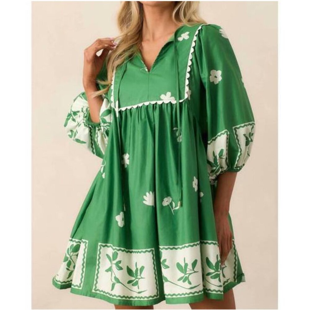 Green Floral Puff-Sleeve Mini Dress